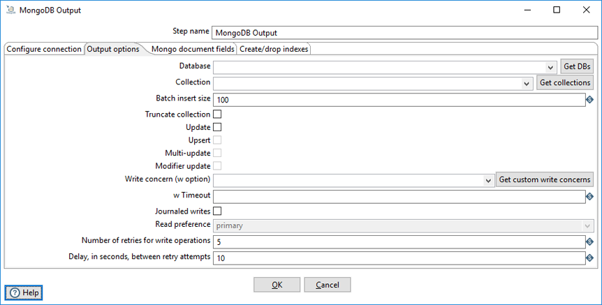 MongoDB Output           Output options tab