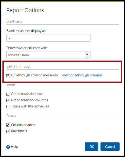 Drill-through links on measures check box