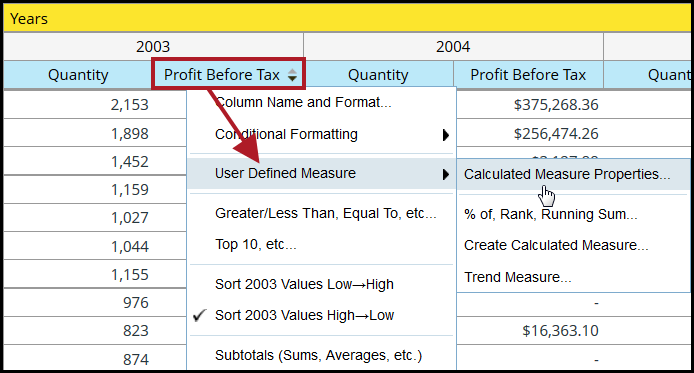 Select the calculated measure to display the drop-down menu.