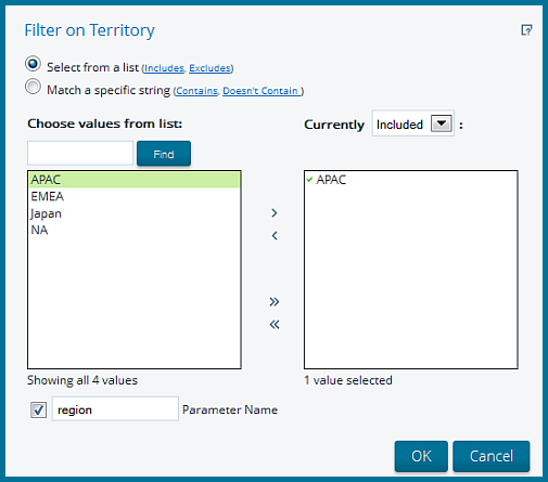Filter on Territory dialog box