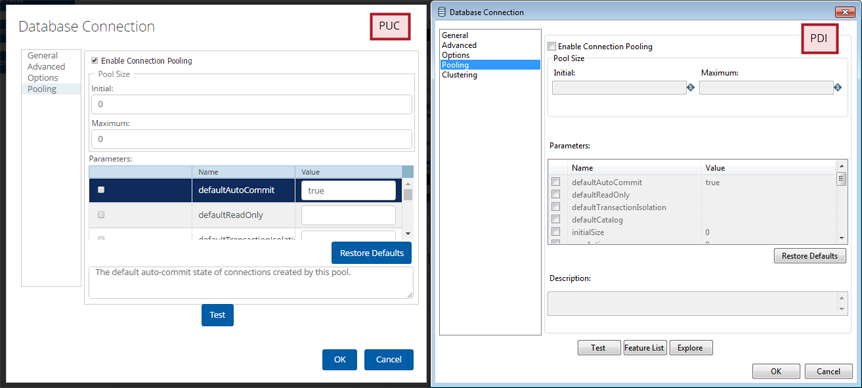 Pooling options in the PUC and         PDI        Database Connection dialog boxes