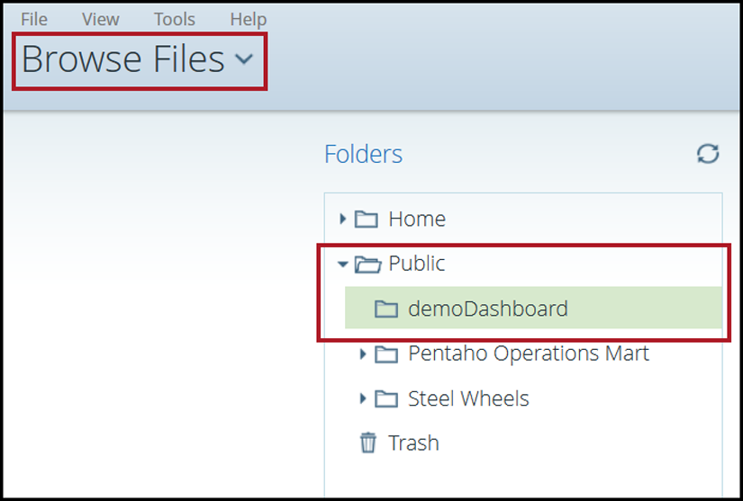 demoDashboard example in the Browse Files                   perspective