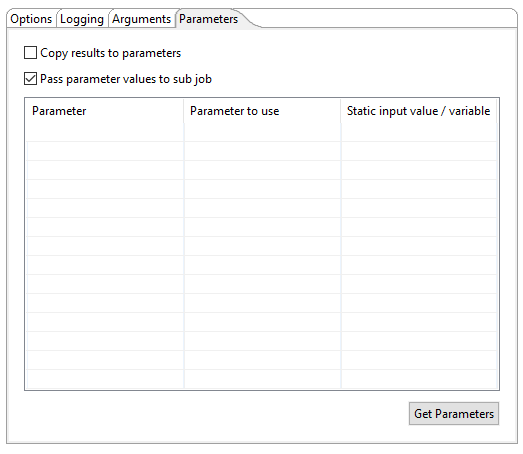 Job entry parameters tab