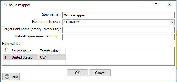 Set values for fields in the Value mapper          step