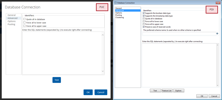 Advanced tab in the  (left) and  (right) Database        Connection dialog boxes