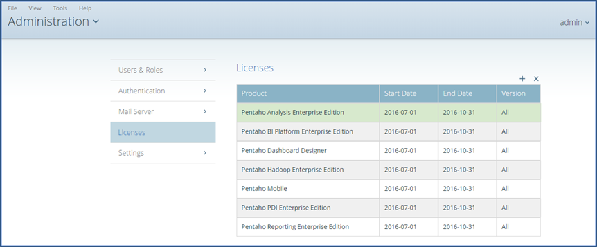 The license manager user interface in the Administration window of the         PUC