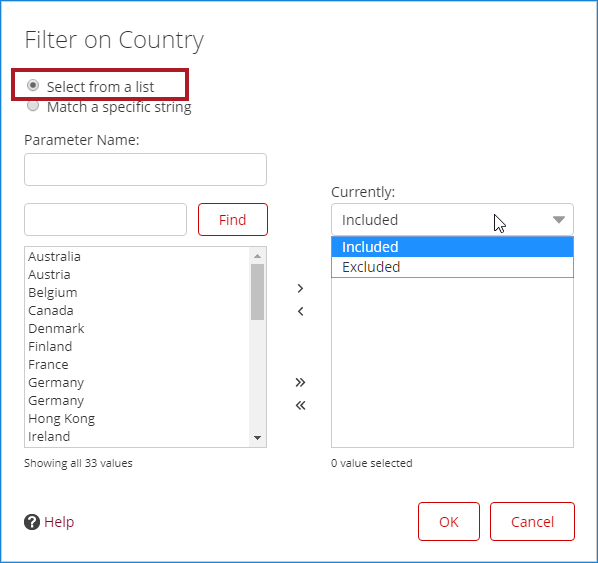 Filter dialog box with the Select from a list option        selected.