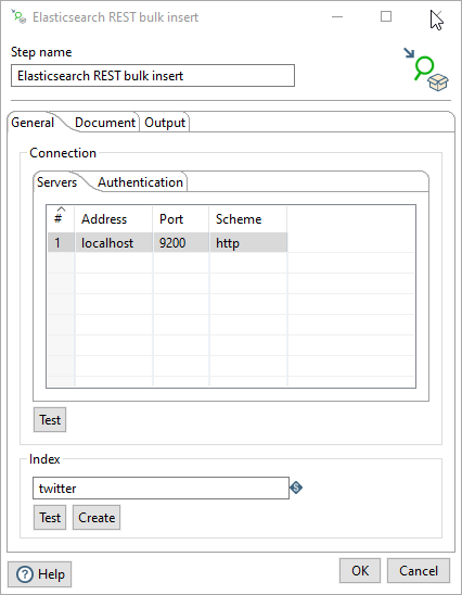 Elasticsearch REST Bulk Insert step, General tab - Servers