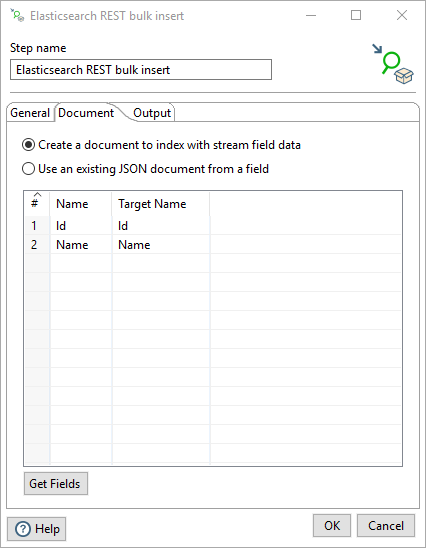 Elasticsearch REST Bulk Insert step, Document tab - Create index option