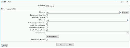 Properties dialog box for the PDI XML Output transformation step