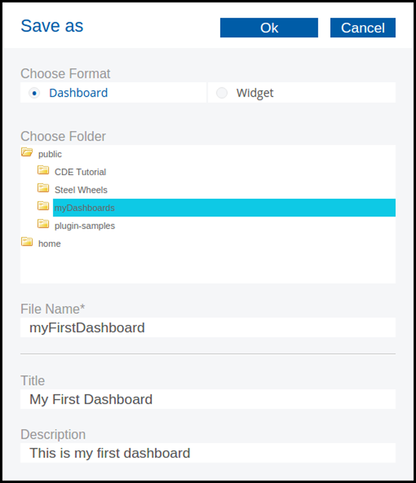 Saving the myFirstDashboard example                 dashboard