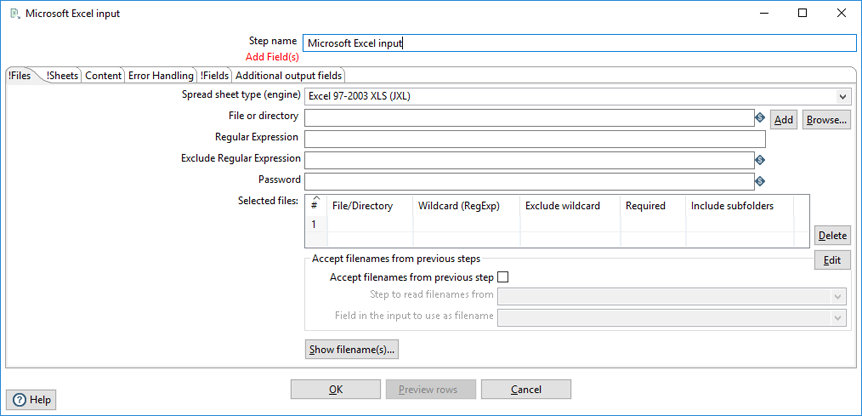 Microsoft Excel Input Files Tab dialog