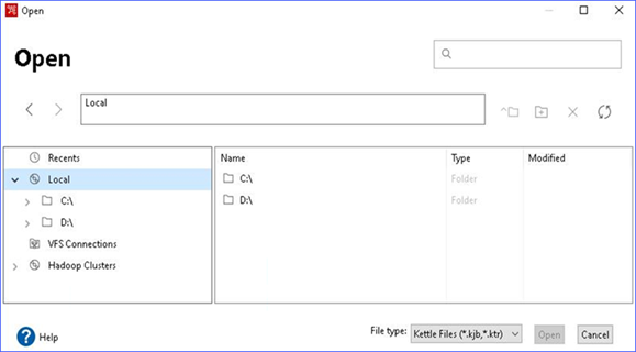 Open dialog box in the PDI client
