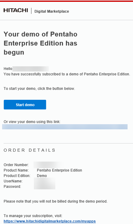Email with the subscription and product access details