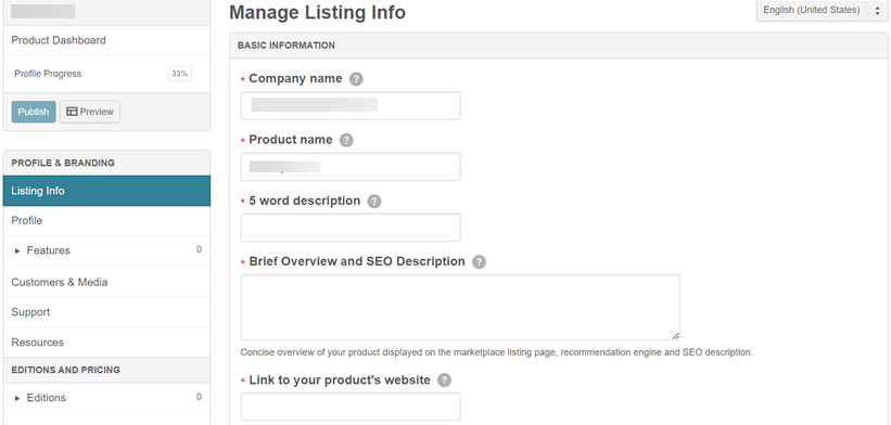 Click Listing Info on the Manage Your Products page
