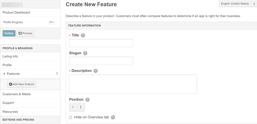 Click Add New Feature from the Manage Your Products page