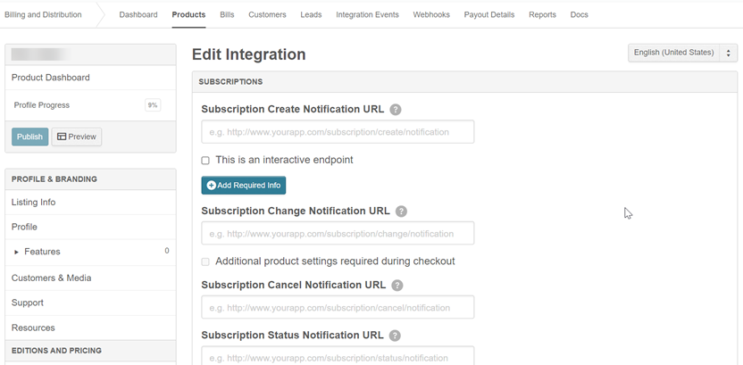 Enter subscription URLs on the edit integration page