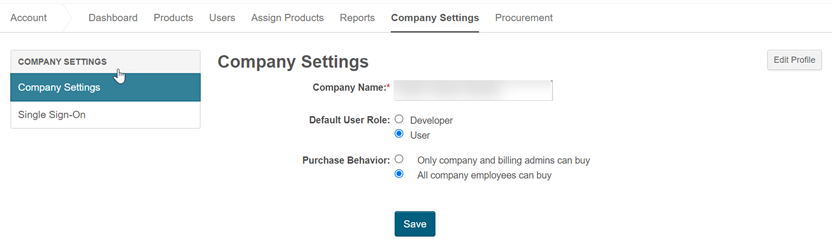 Displays the company settings