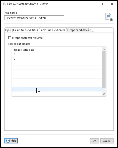 Discover metadata from a text file Escape candidates tab