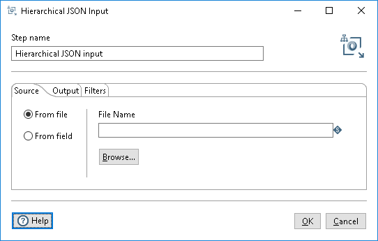 Hierarchical JSON Input step dialog box showing source tab