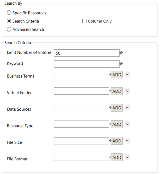 Specify search criteria to find a data resource