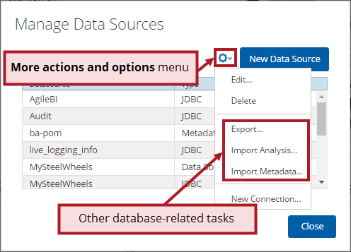 More actions and options menu in the PUC             Manage Data Sources dialog box