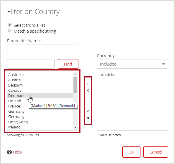 Filter dialog box with values selected.