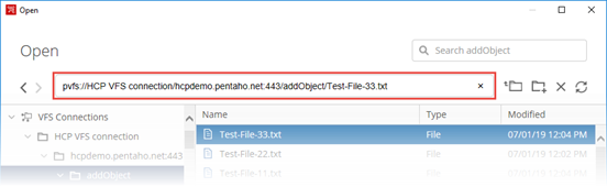 PVFS file path in the Open dialog box in the PDI client