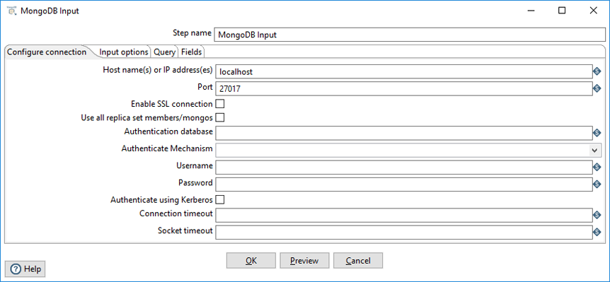 MongoDB Input           Configure Connection tab