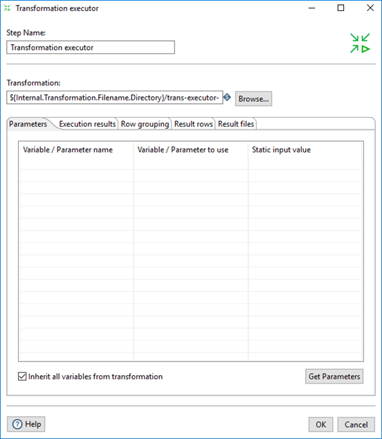 Transformation Executor step showing the Parameters tab