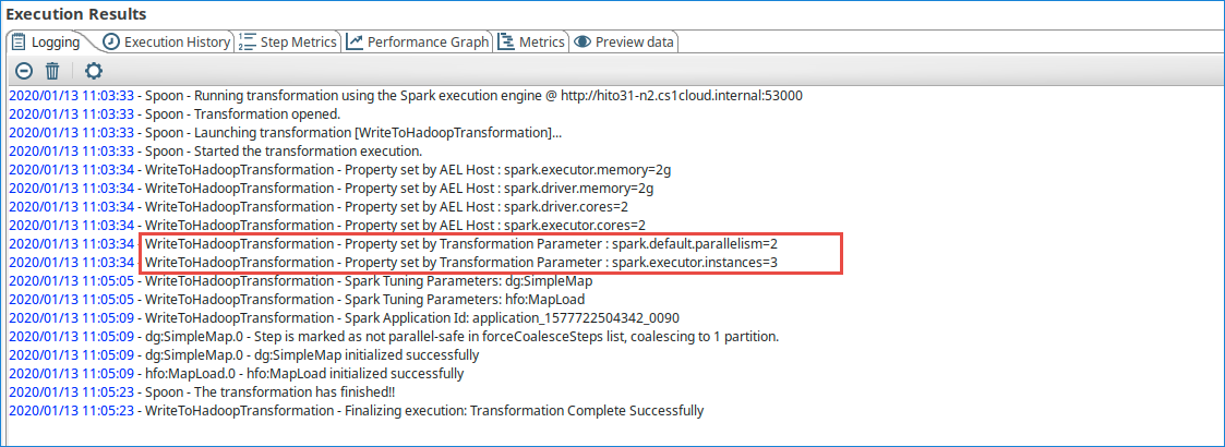 PDI logging of the Spark transformation parameters