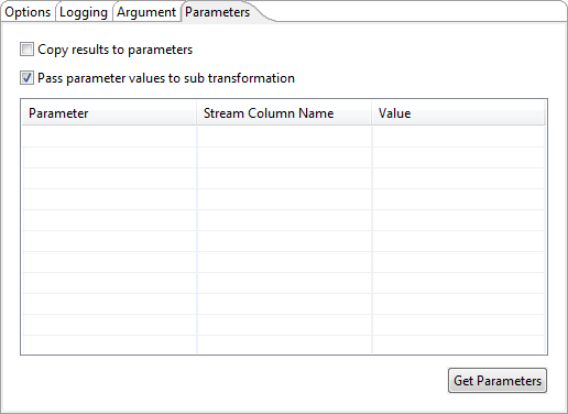 Parameters tab, Transformation (job entry)